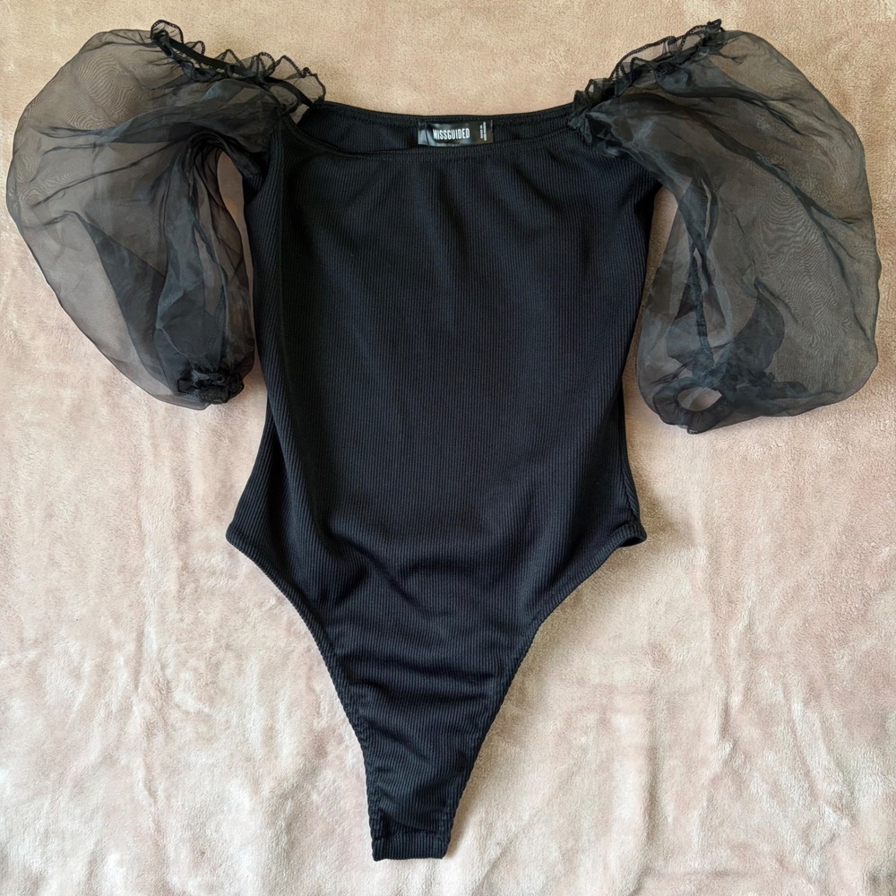 Missguided Black Organza Puff Sleeve Bodysuit Ribbed Thong TJF21387 Womens 4 NEW